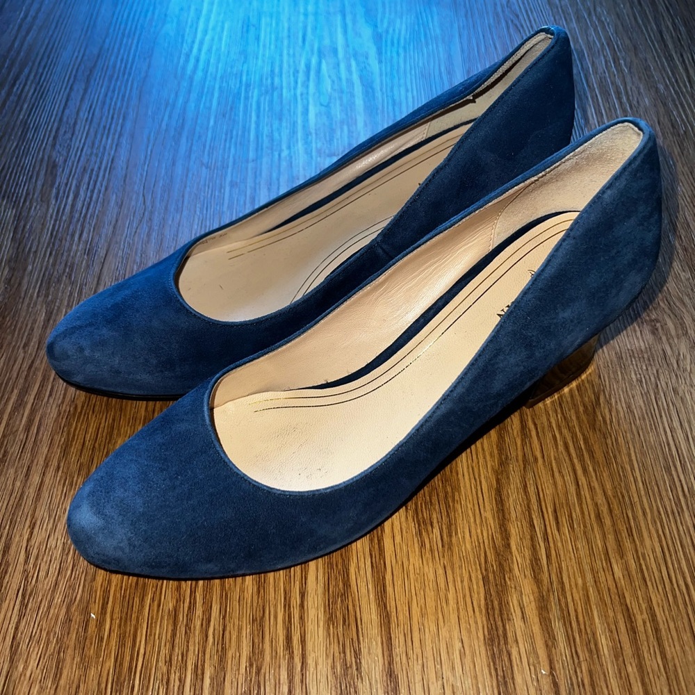 COLE HAAN Leather Blue Suede Pumps Block Chunky Heels Shoes